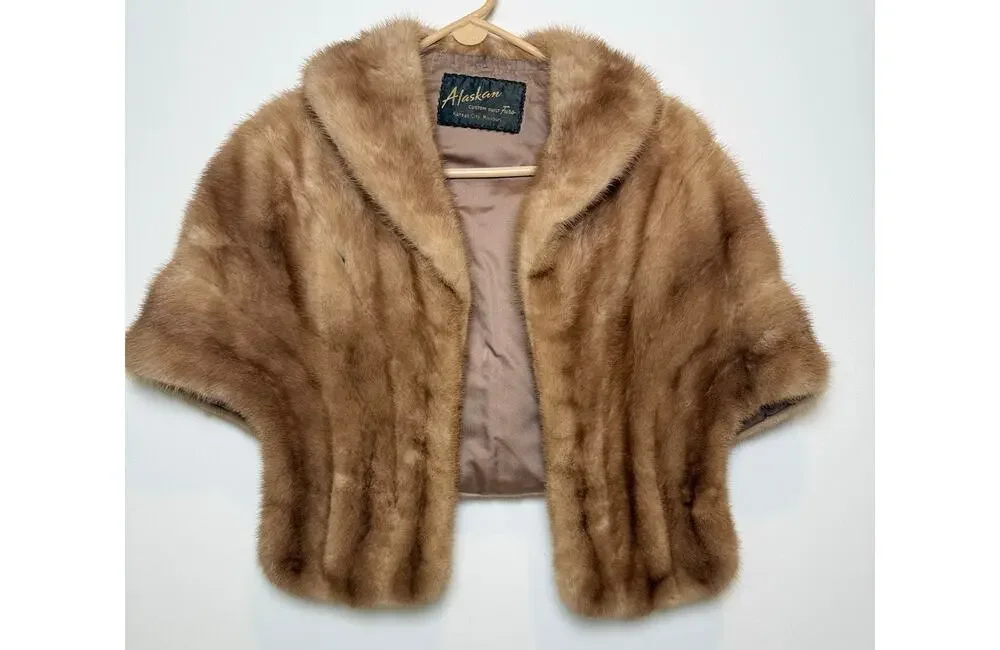 Vintage Alaskan Fur Mink Cape with Silky Lining and Pockets